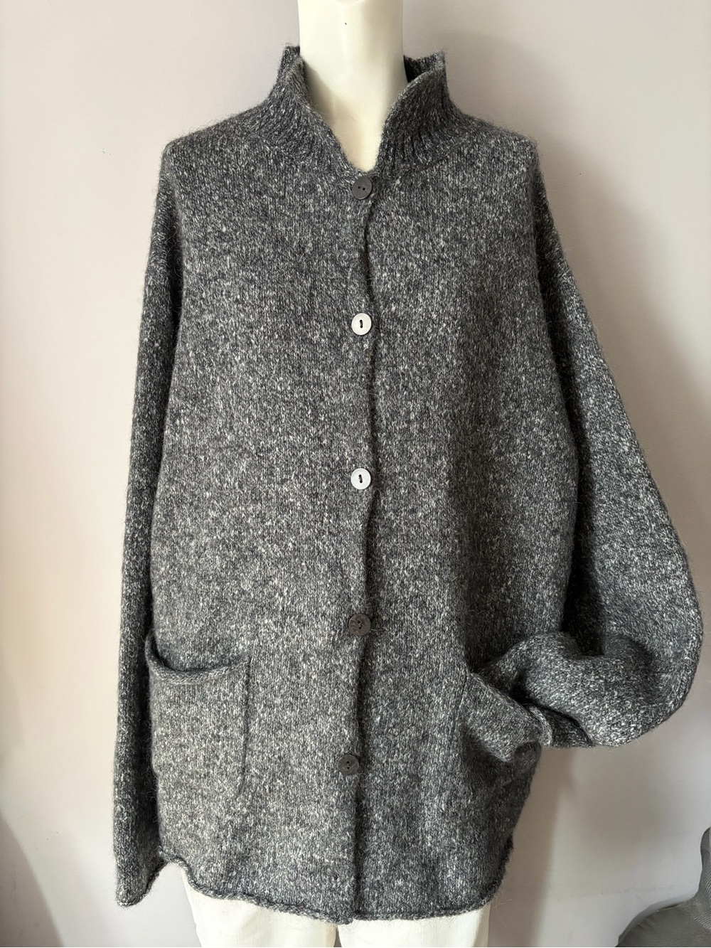 Eileen Fisher Wool Mohair Alpaca Tweed Mock Neck Cardigan